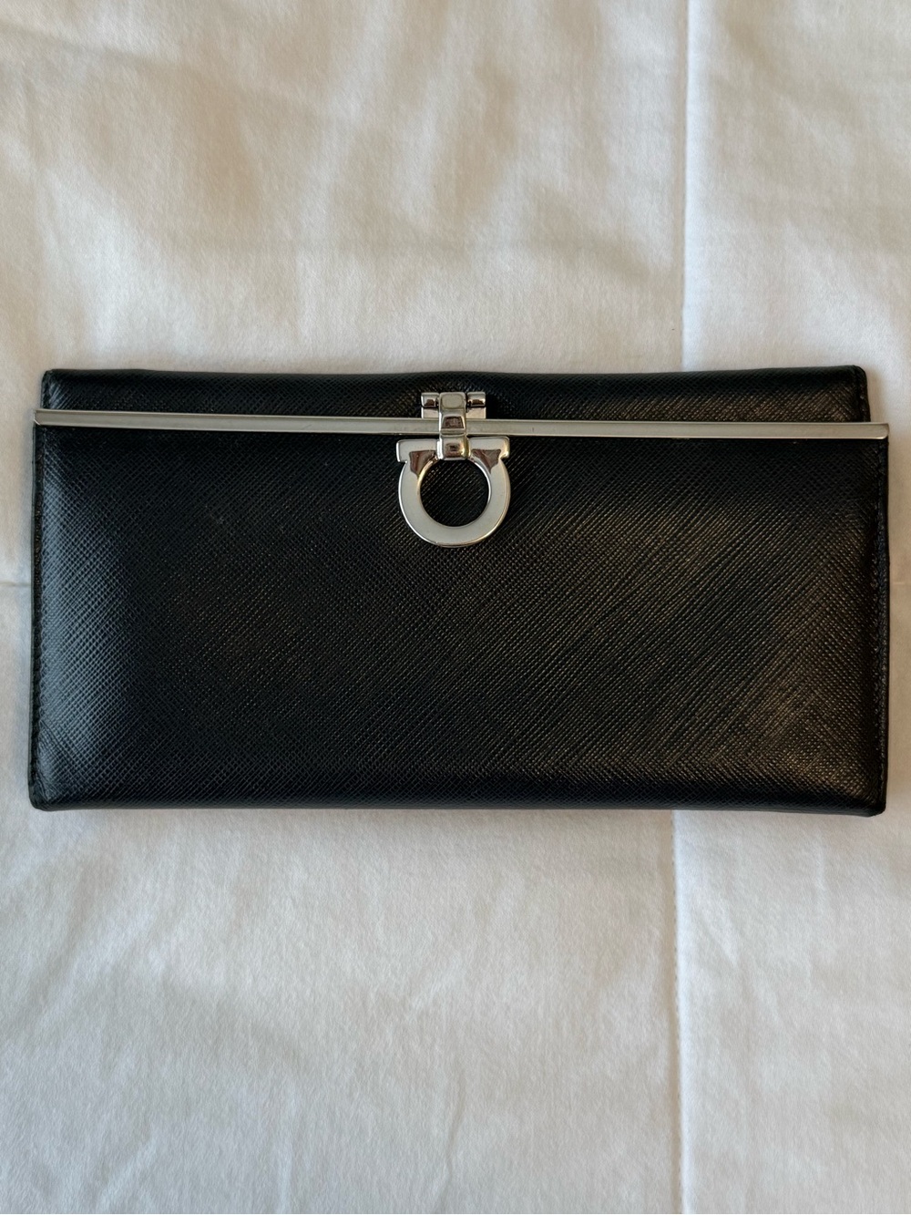 Salvatore Ferragamo Black Saffiano Leather Gancini Long Wallet w Silver Hardware